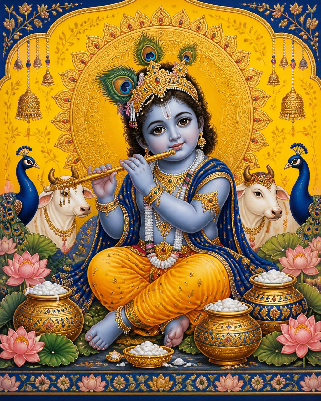 Lord Krishna playing the flute surrounded by lotus flowers, butter pots and peacocks
